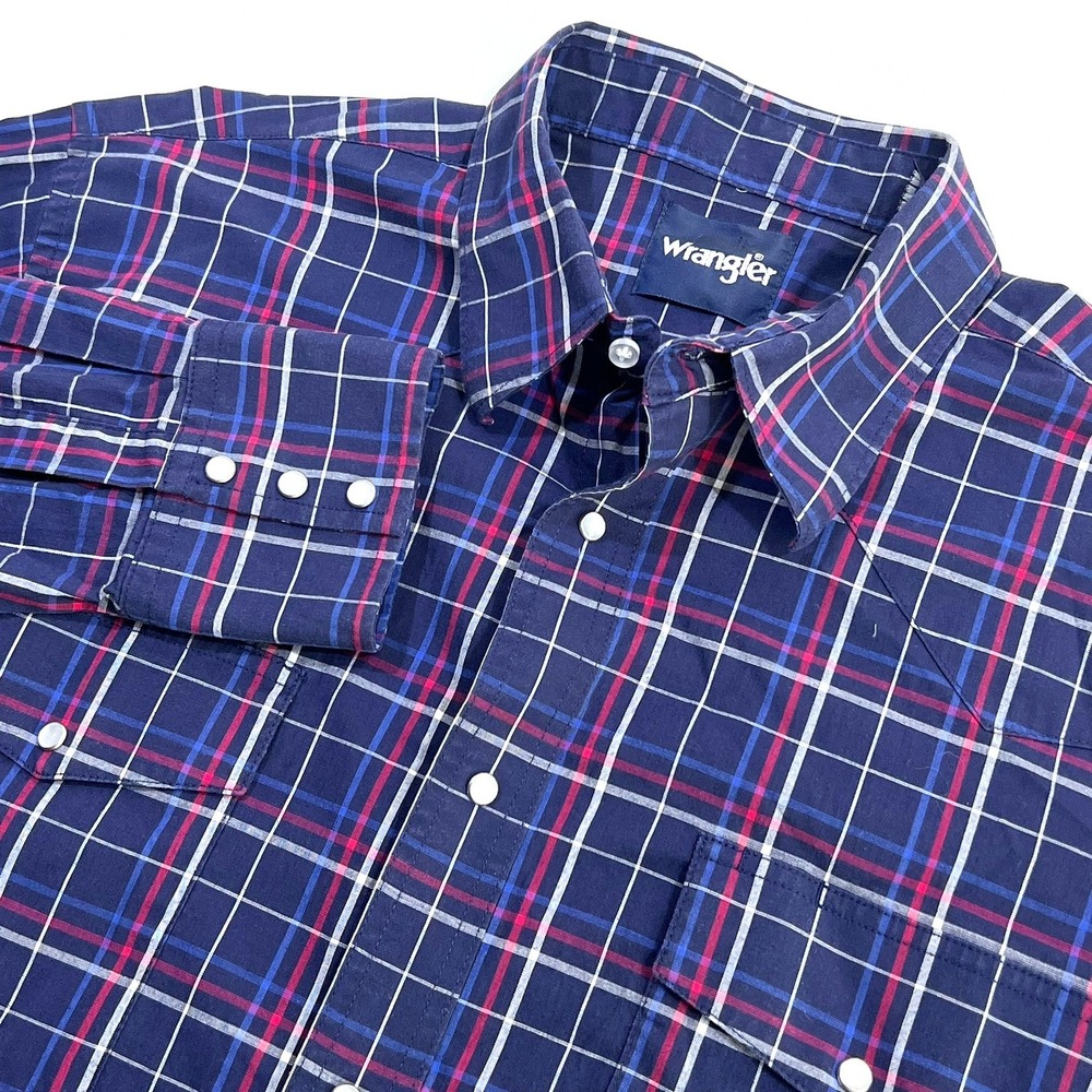 Wrangler Men XL Long Sleeve Pearl Snap Shirt Plaid Western Navy Blue Red Stretch
